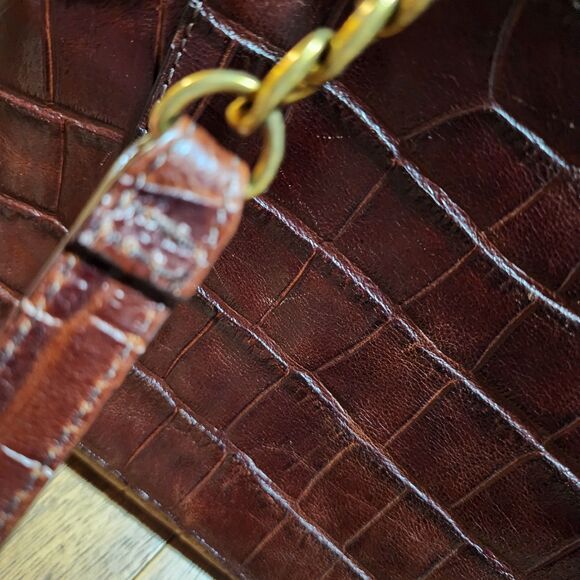 FOSSIL MIMI SHOPPER DARK BROWN CROCODILE LEATHER TOTE,GOLD CHAIN SHOULDER BAG - Picture 10 of 16